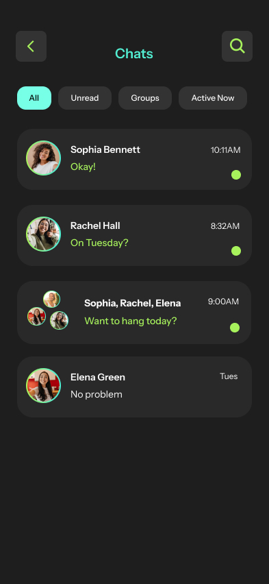 High fidelity app design for Reconnect chats page